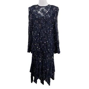 Lillie Rubin Sequin Cocktail Dress Womens Size Small Blue Mesh Vintage Lace